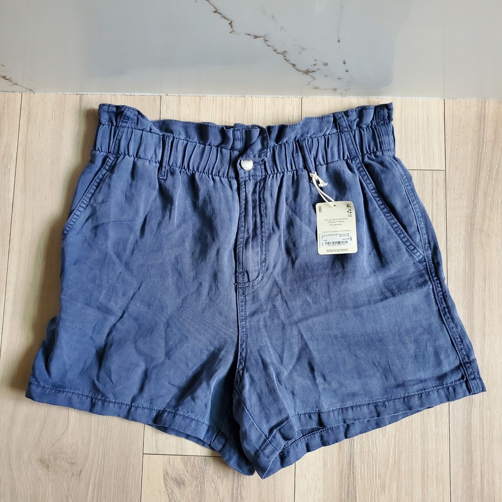ana Shorts Womens 8 Blue Linen Tencel Paperbag Waist Faded Denim Casual Summer